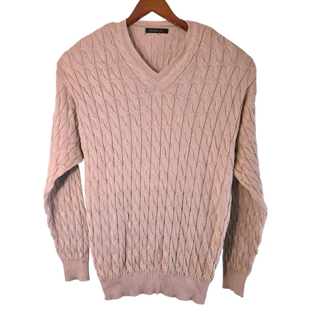 Alpaca Ill  Tan Cable Knit V Neck Sweater Size L‎ 100% Mercerized Pima Cotton